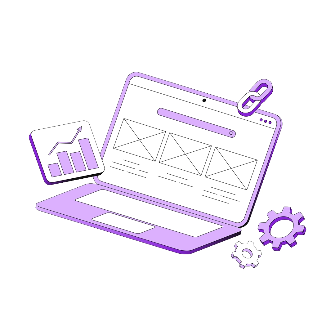 Lila Laptop mit Suchleiste, drei Platzhalterbildern, einem Diagramm mit steigendem Balkendiagramm und zwei Zahnrädern symbolisieren Webentwicklung und SEO.